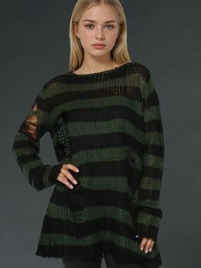 Pretty Attitude Oversized Distressed Stripe Knit Sweater - Black & Green